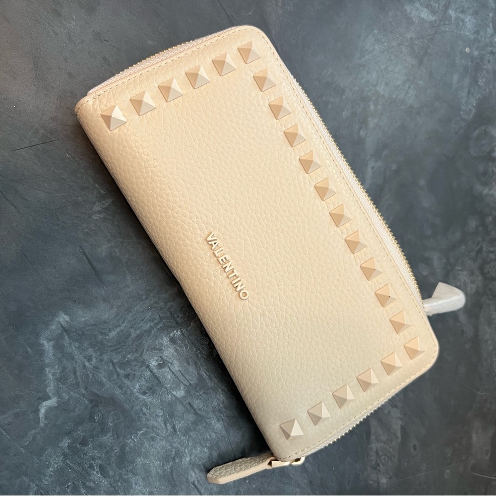 Valentino Beige Studded Zip-Around Wallet